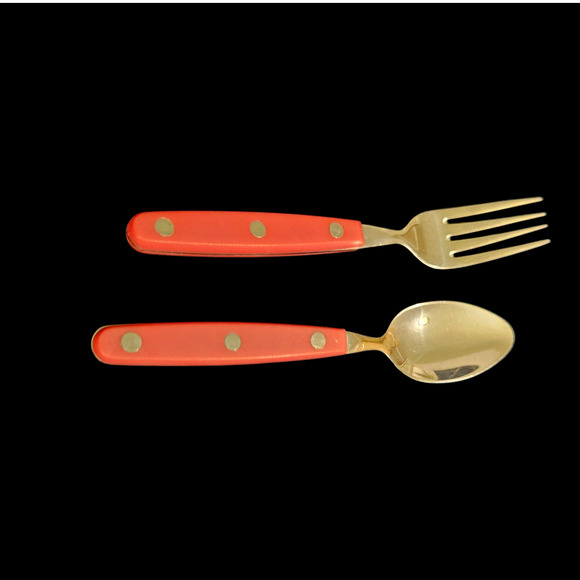 Vintage Red Handle Flatware Set 12 Pc 4 Forks 8 Spoons Mid Century Stainless - Picture 1 of 3